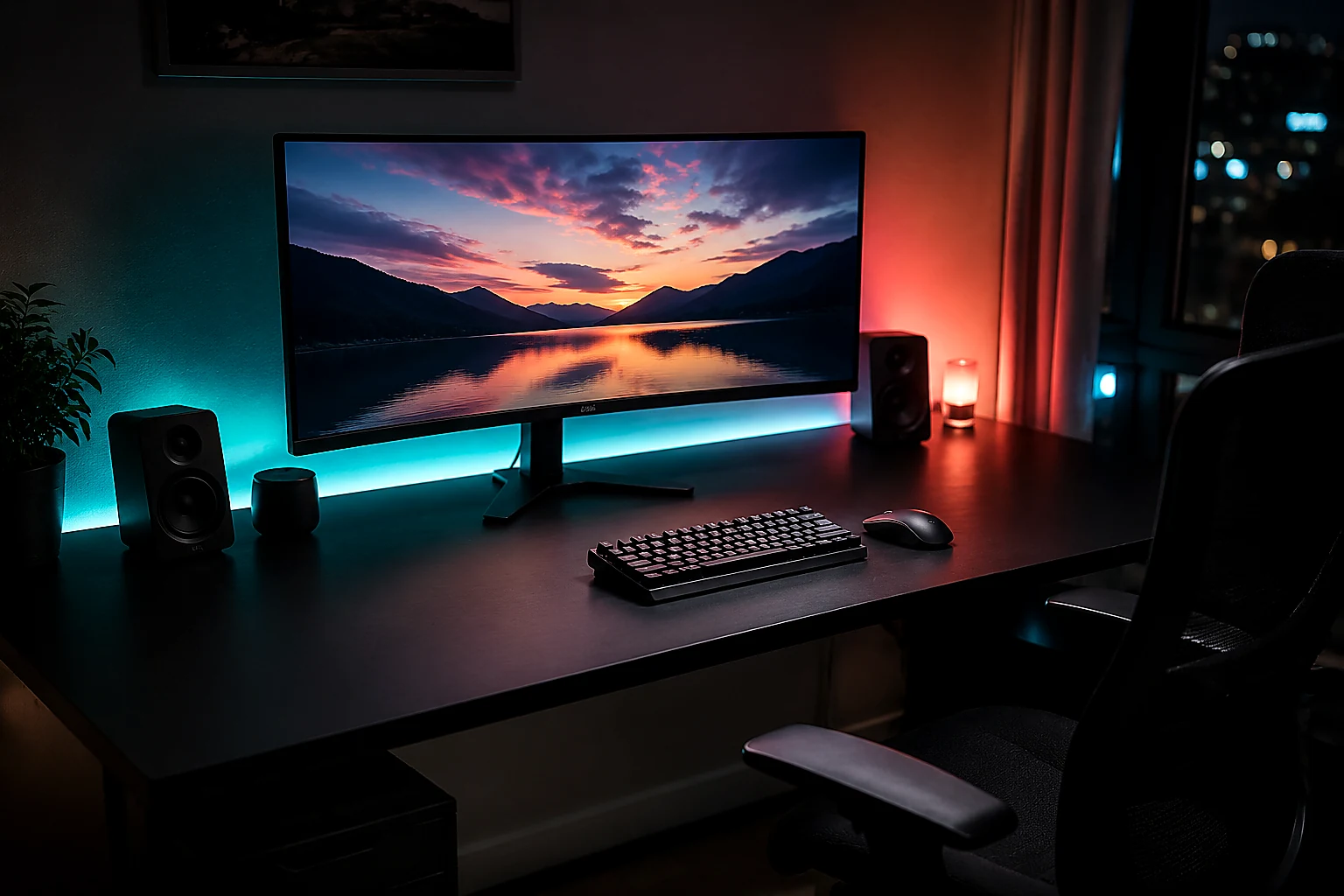 Gaming desk setup with ambient lighting