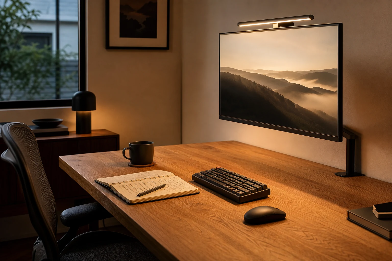 Warm wood desk with monitor, keyboard and notebook