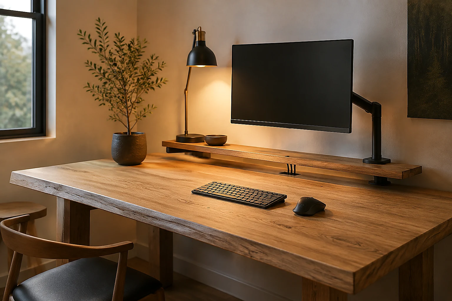 Warm oak desk setup